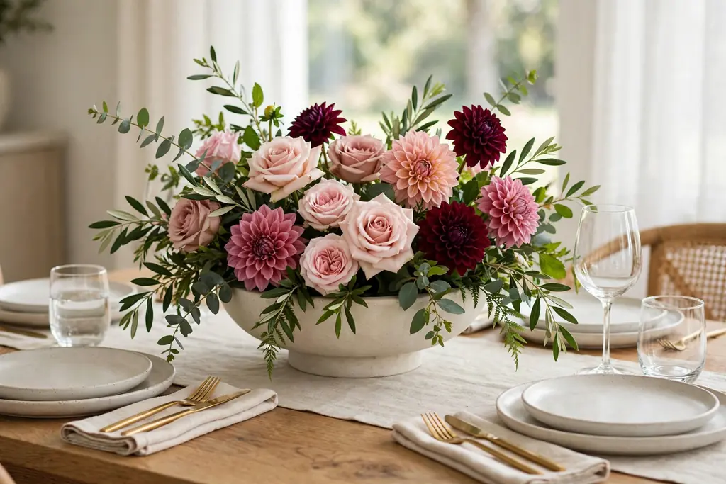 Low wide compote bowl with roses, dahlias, and greenery as a dining table centerpiece.