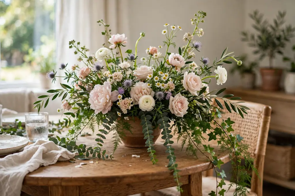Asymmetric garden-style flower arrangement with varied stem lengths on a round dining table.