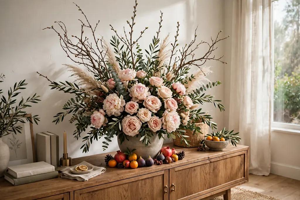 Large console flower arrangement with branch accents and decorative fruit at the base.