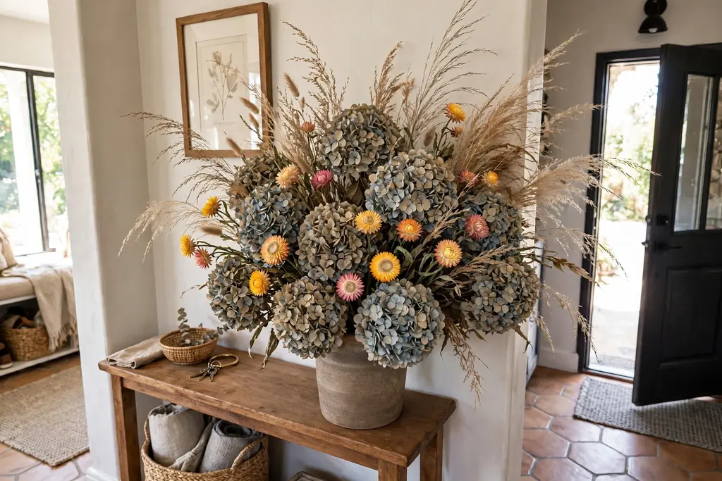 Large dried flower arrangement with hydrangea heads, grasses, and strawflowers in an entryway.