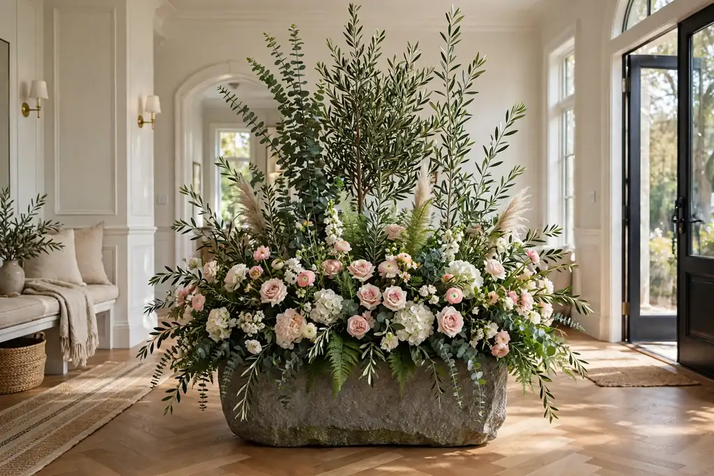 Large stone planter with a wide full flower arrangement in a wide entry hall.