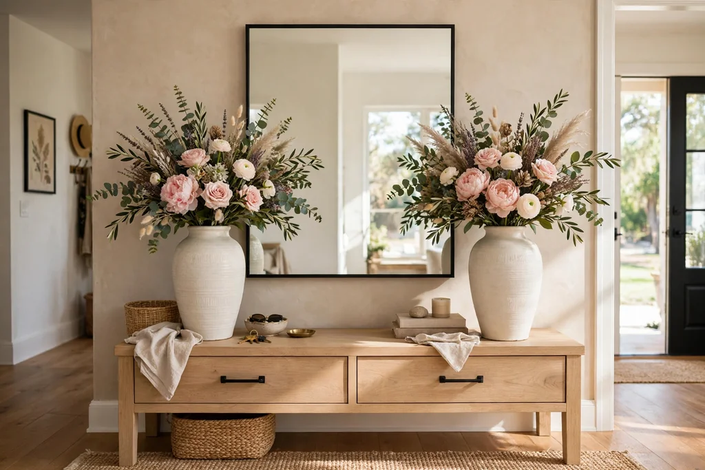 Two matching large vases with the same flower mix flanking a mirror above a console.