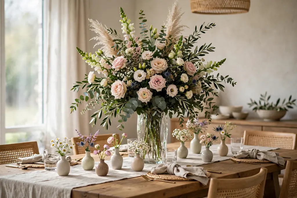 Tall centerpiece flower arrangement with small low posies in bud vases on a large dining table.