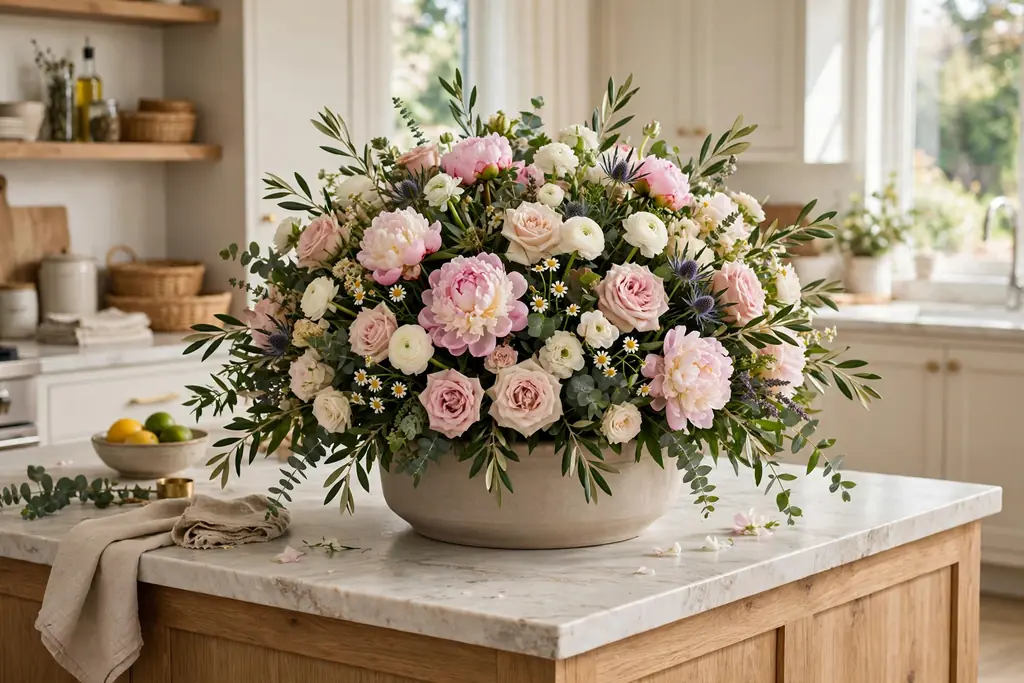 Large rounded flower arrangement in a wide stable container on a kitchen island.