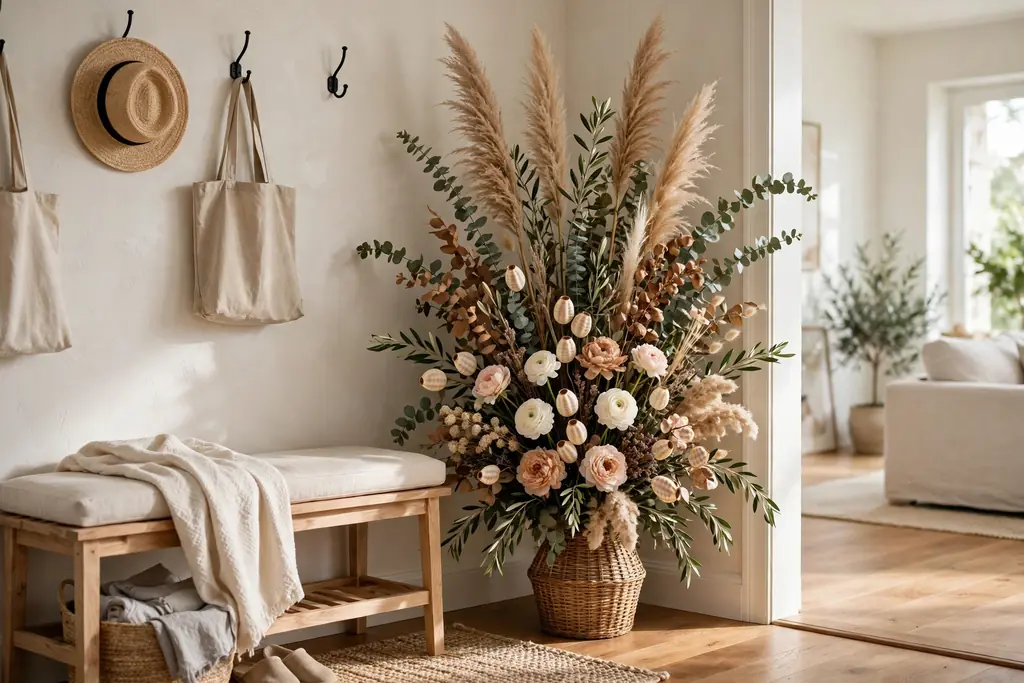Large tall flower arrangement in an entryway corner angled toward the room beside a bench.