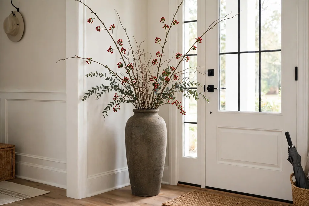 Tall heavy floor vase with long branches and berry stems in an entryway corner beside a door.