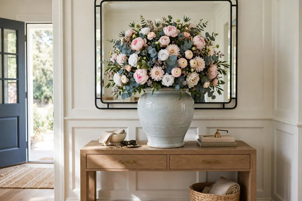 Large ceramic urn with a domed flower arrangement on a console table under a mirror.