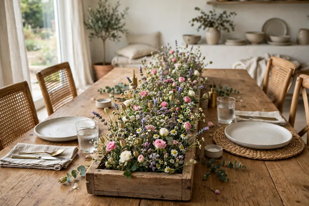 Long low wooden trough with short flower stems down the center of a rectangular dining table.