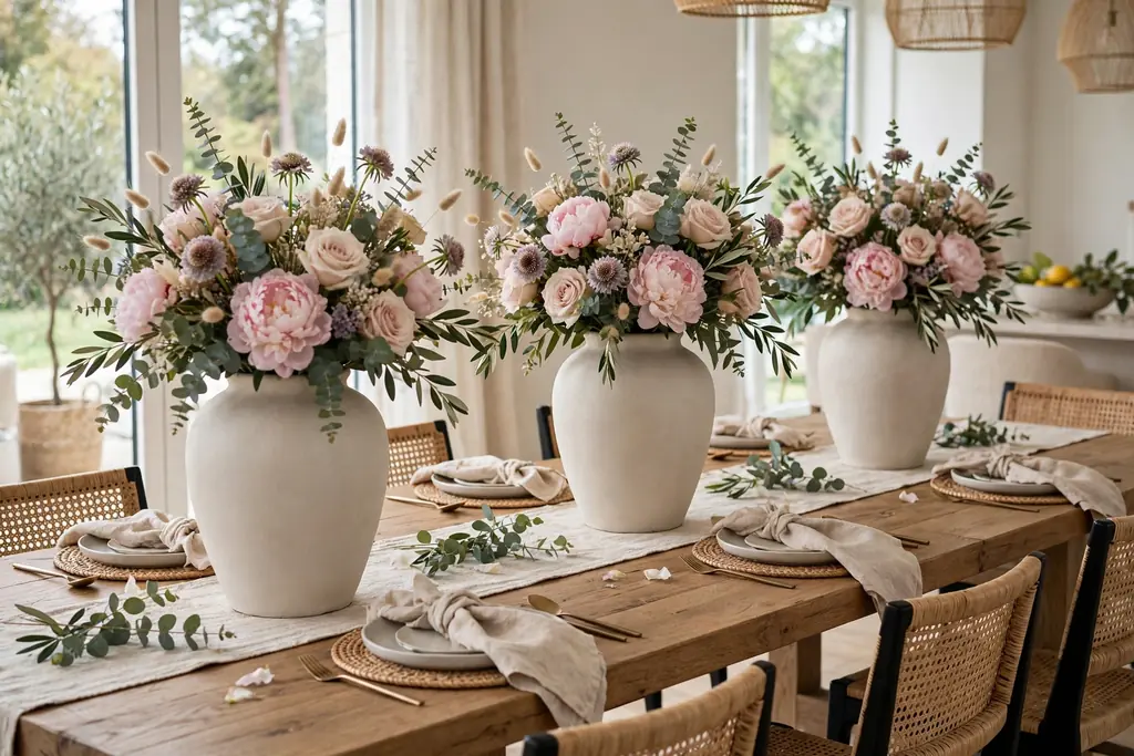 Three matching large vases with the same flower mix spaced down a long dining table.