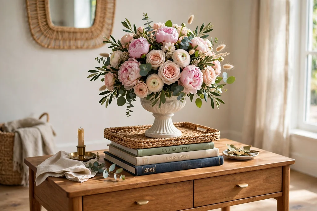 Raised pedestal vase with a full rounded flower arrangement on an entry table.