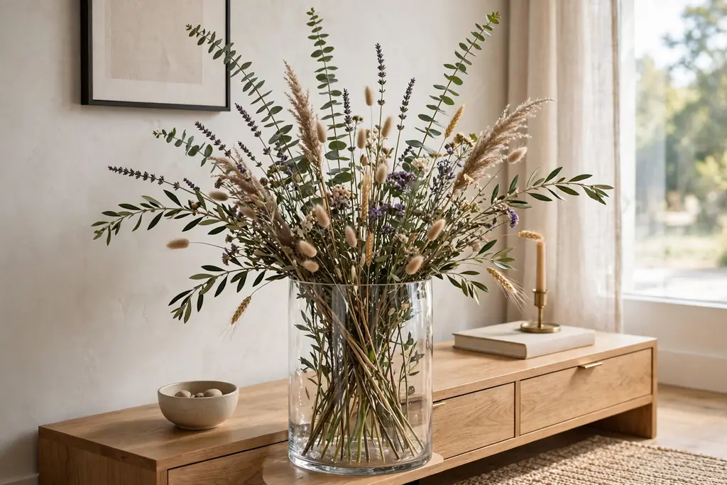 Large clear glass cylinder with layered flower stems on a modern console table.