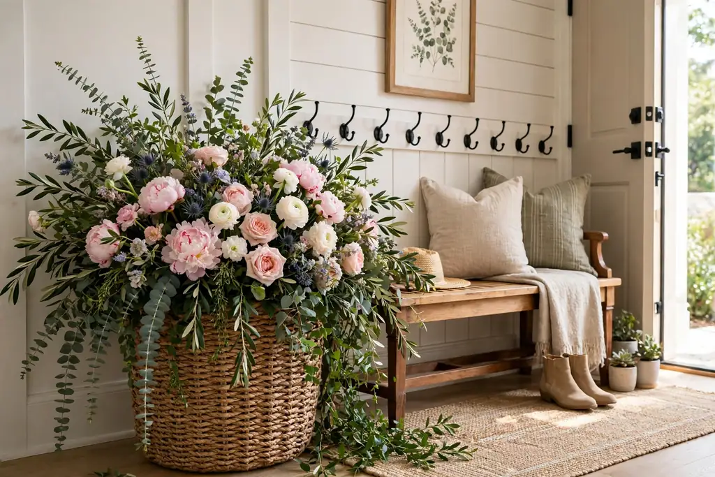 Large woven basket with full blooms and greenery beside an entryway bench.