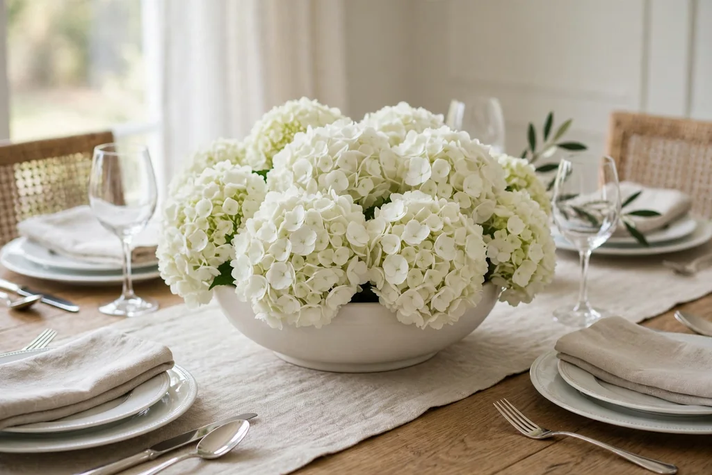 Low wide bowl packed with white hydrangea heads on a formal dining table.