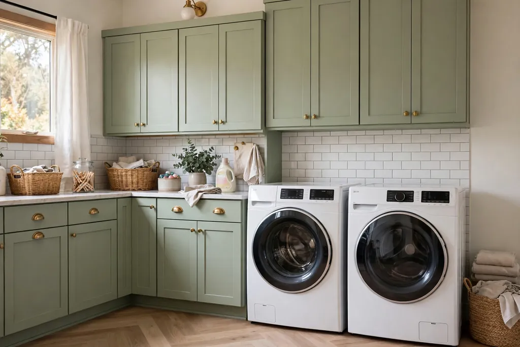Laundry room with soft sage green cabinets and brass pulls beside white machines.