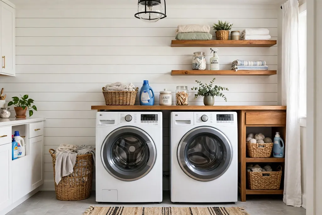 Laundry room with a white shiplap accent wall behind a washer and dryer.