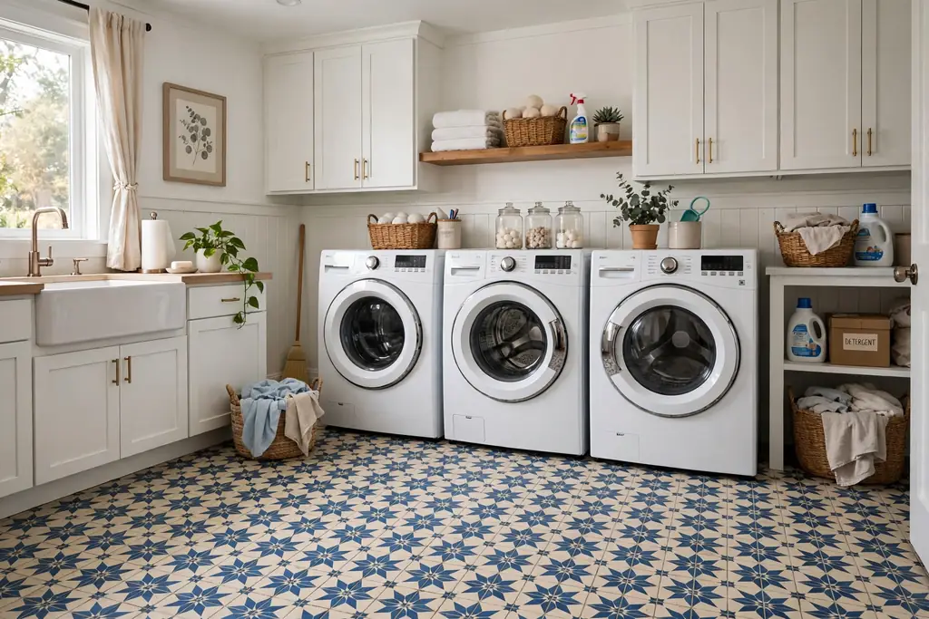 Laundry room with a patterned blue and cream tile floor and white machines.