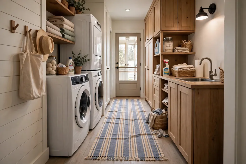 Narrow laundry room with a washable striped runner rug on the floor.
