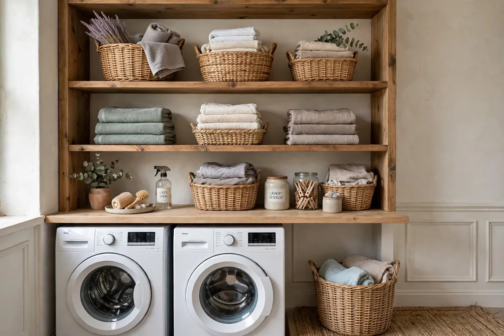 Open wood shelves in a laundry room styled with woven baskets and folded towels.
