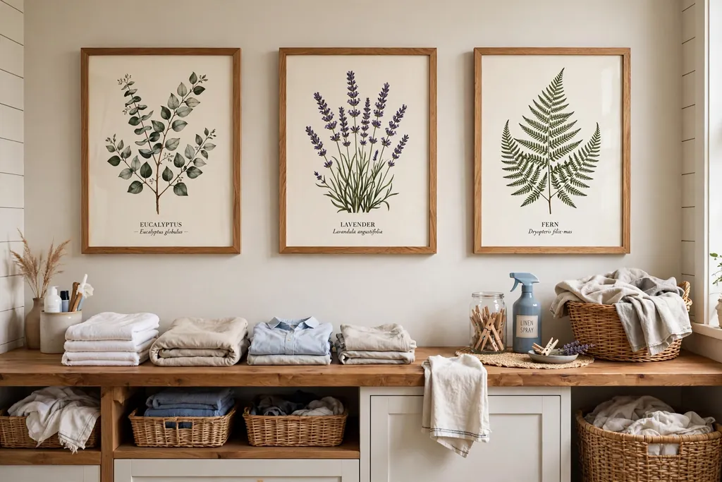 Botanical prints in wood frames hanging above a laundry folding counter.