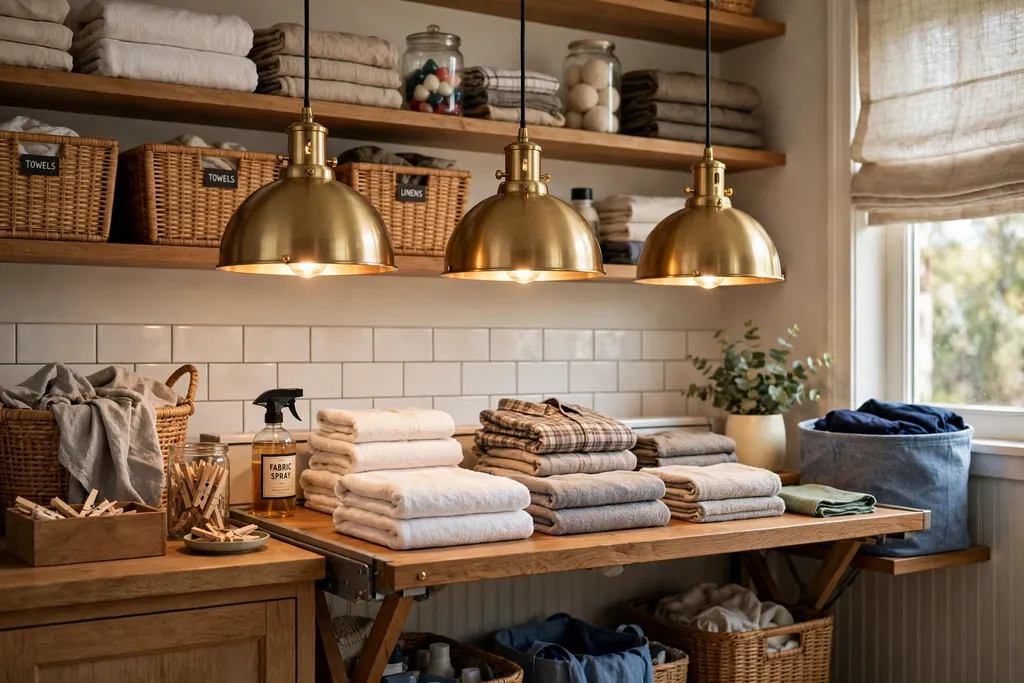 Warm brass pendant lights hanging over a laundry folding counter.