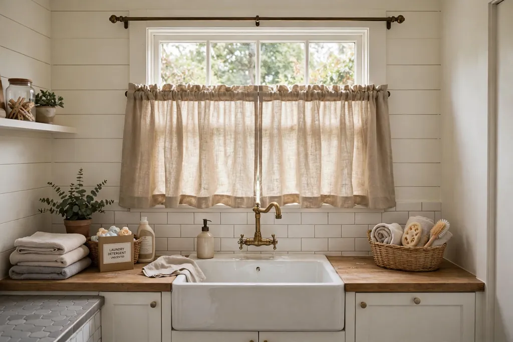 Laundry room window dressed with a linen cafe curtain above a sink.