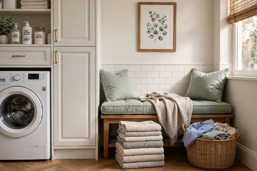 Laundry room with a cushioned bench beside folded towels and a basket.
