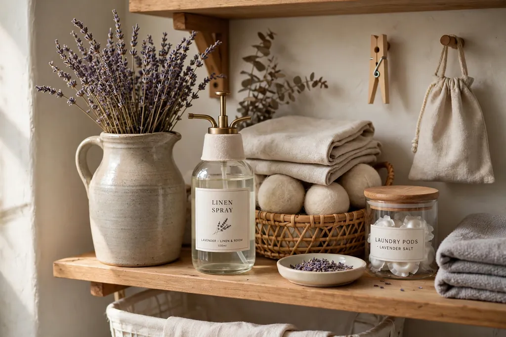Laundry shelf scent station with dried lavender in a stoneware jug and a linen spray bottle.