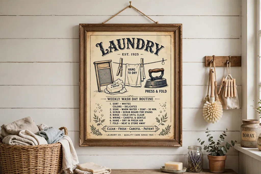 Framed vintage style laundry print hanging on a laundry room wall.