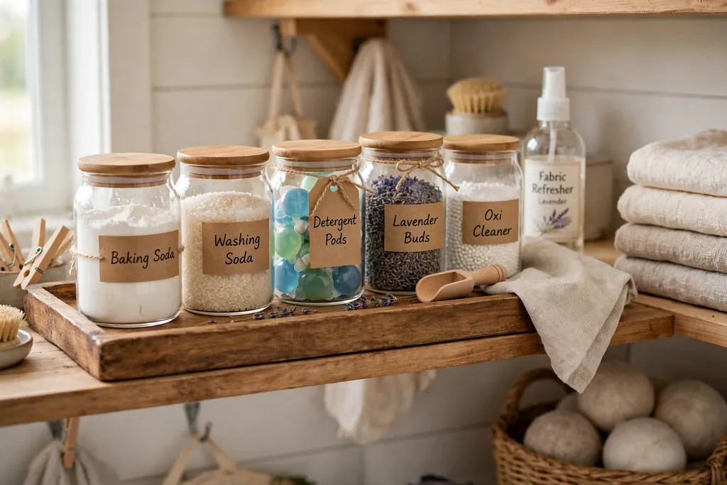 Glass jars of laundry supplies arranged on a wooden tray on a laundry shelf.