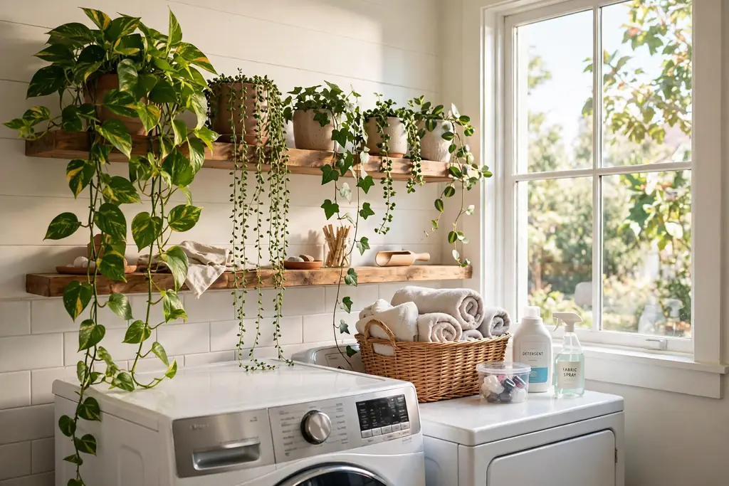 Trailing plants on a shelf by a bright laundry room window.