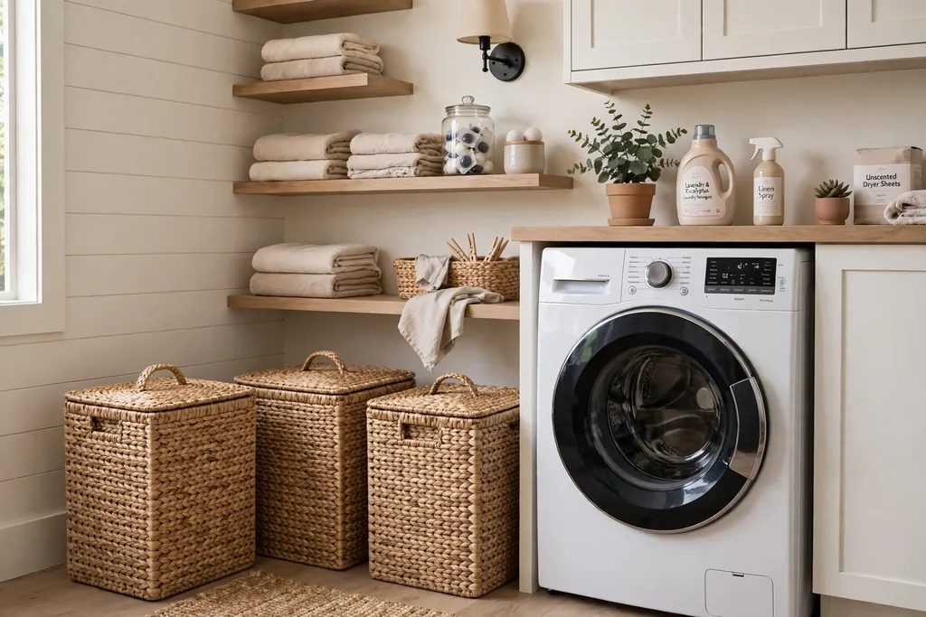 Woven seagrass hampers with lids standing beside a washer in a laundry room.