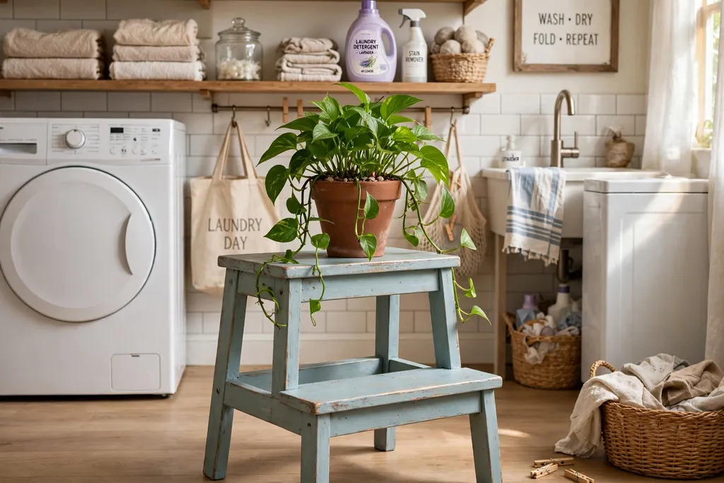 Painted wooden step stool holding a potted plant in a laundry room.