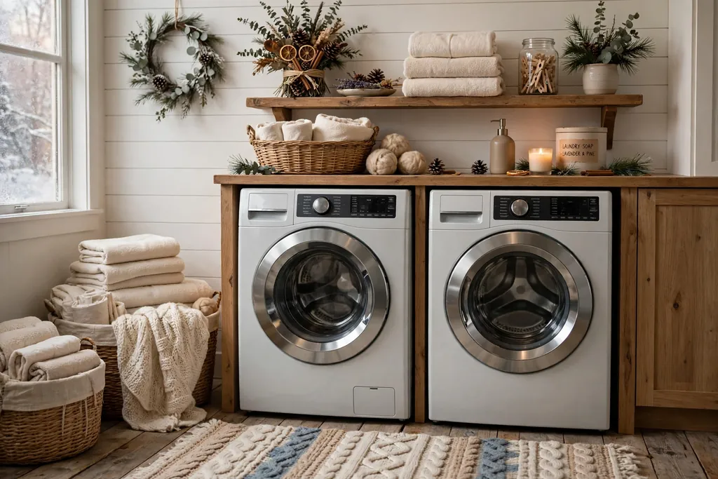 Laundry room styled for winter with warm cotton towels