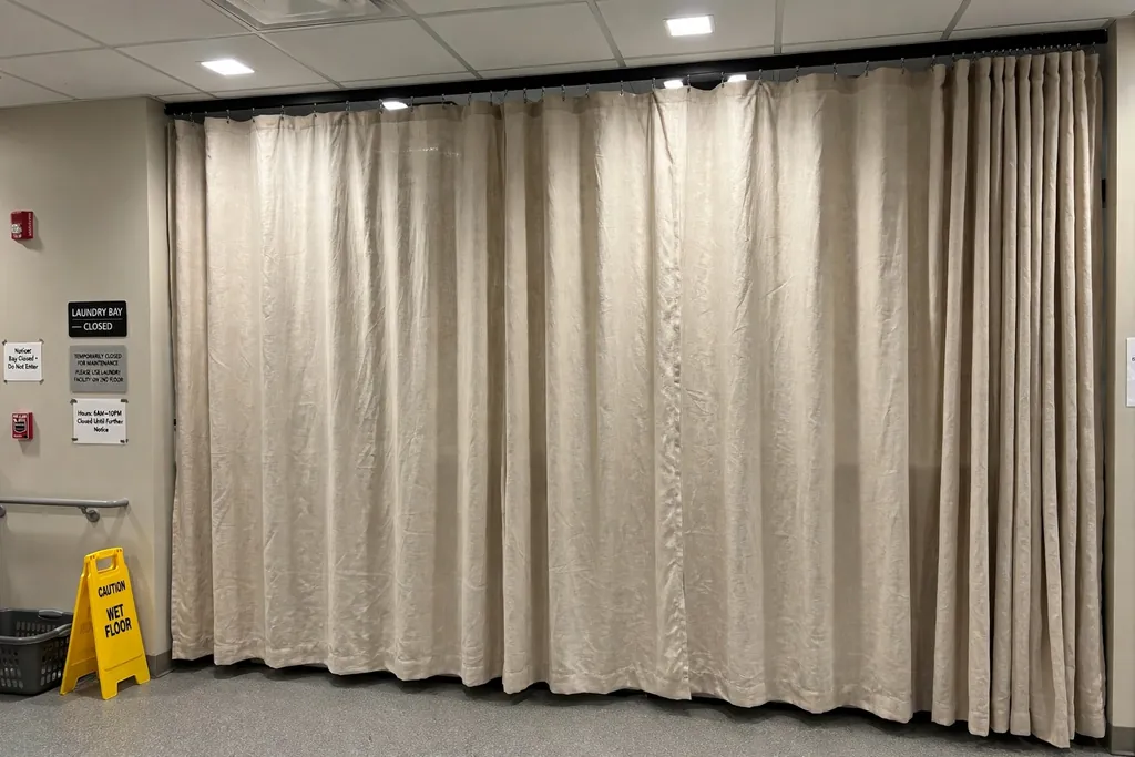 Laundry machine bay closed off with floor length linen panels.