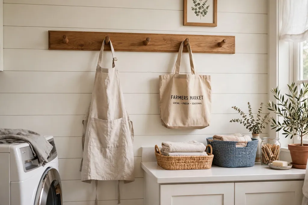 Wood peg rail in a laundry room holding a linen apron and a market tote.