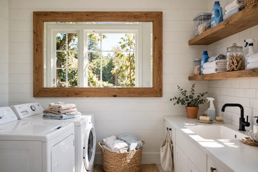 Framed mirror on a laundry room wall reflecting a bright window.