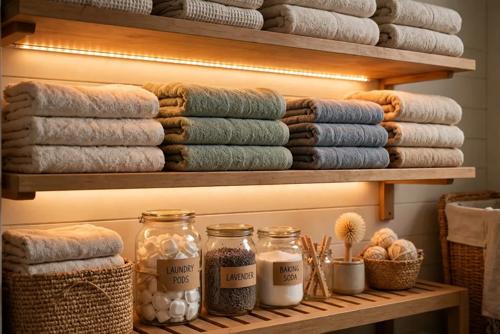 Warm LED strip light under laundry shelves lighting towels and jars.