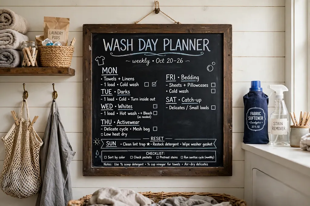 Framed chalkboard wash day planner hanging on a laundry room wall.