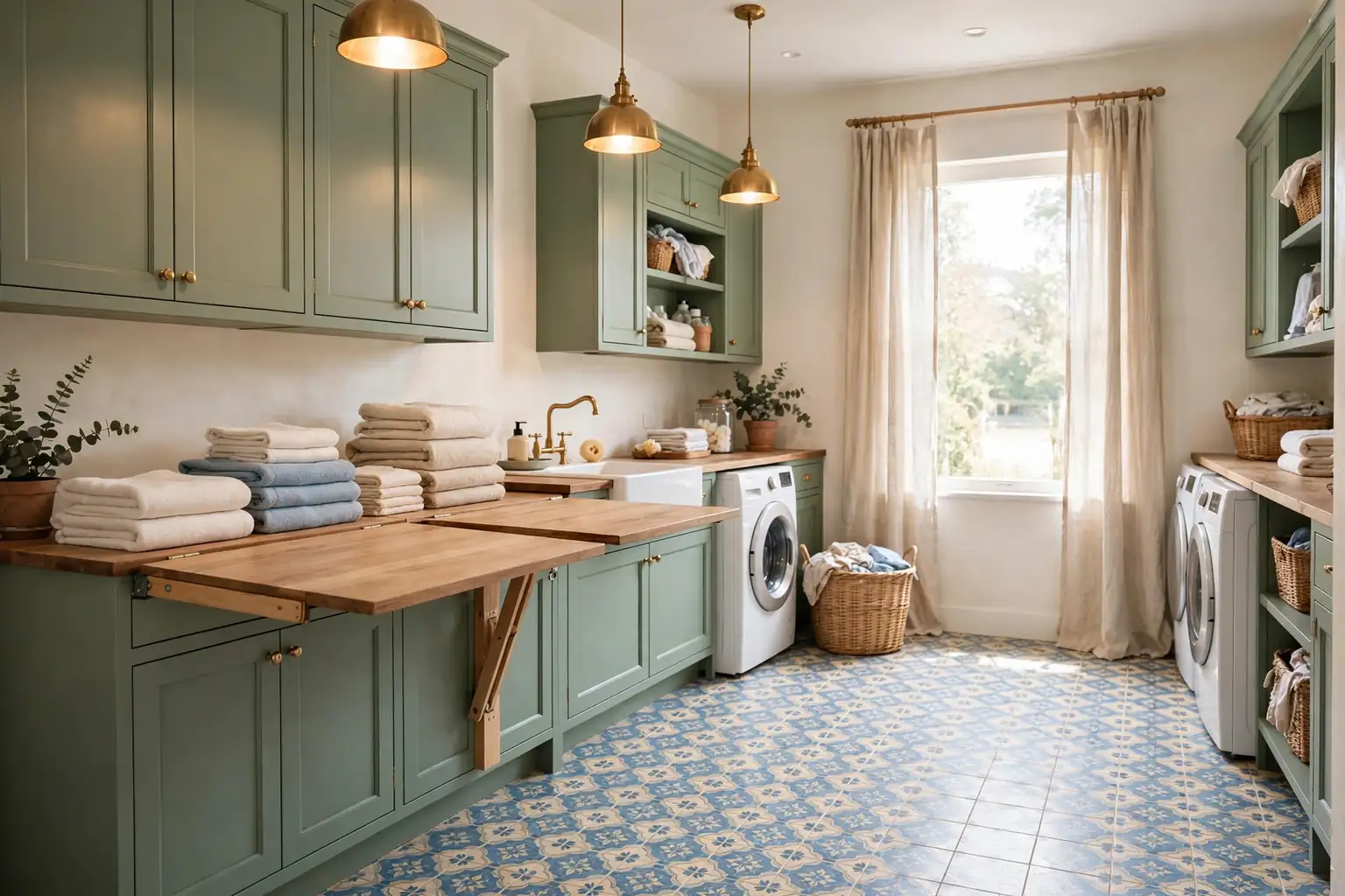 Wide bright laundry room with sage green cabinets, a patterned blue and cream tile floor, a wood folding counter, linen curtains, and warm pendant light.