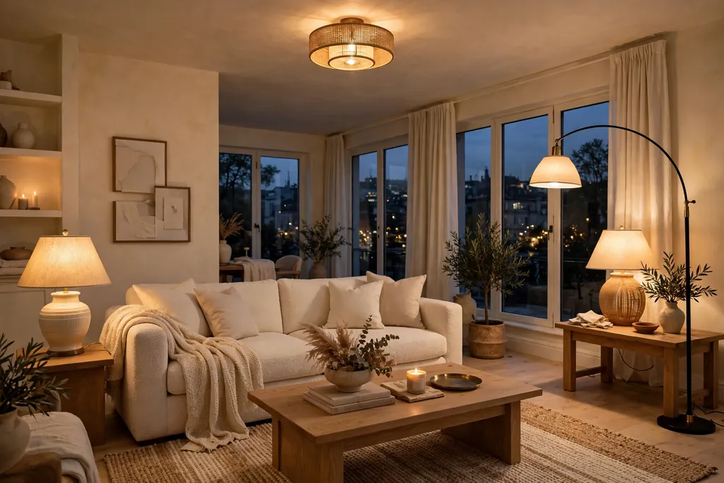 Cream living room in the evening with table lamps, a floor lamp, and warm ceiling light.