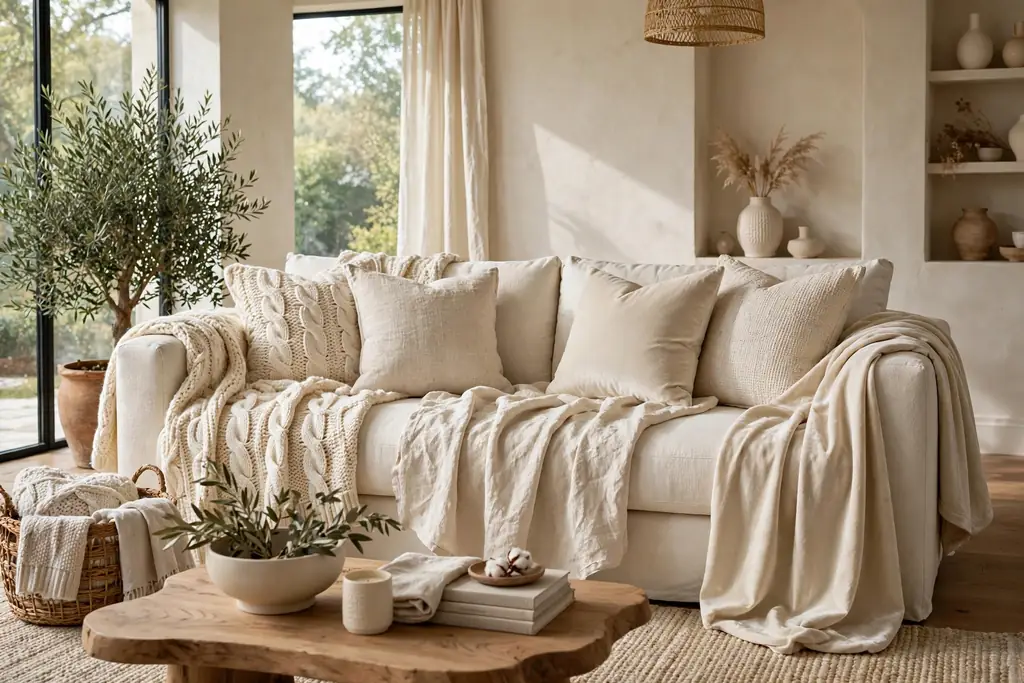 Cream sofa layered with knit, linen, and velvet throws and cushions.