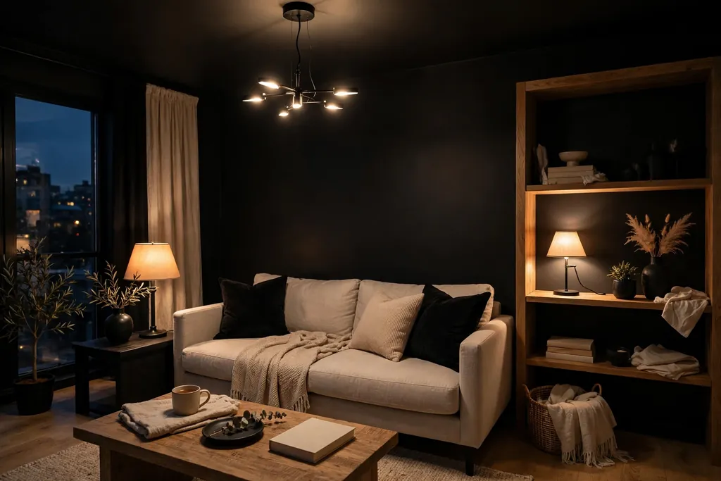 Evening black and beige living room lit by a ceiling light, table lamp, and small shelf lamp.