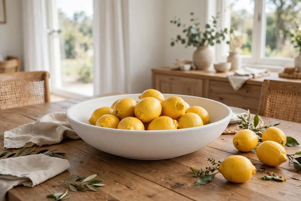 Wide shallow white bowl filled with whole lemons in the center of a dining table.