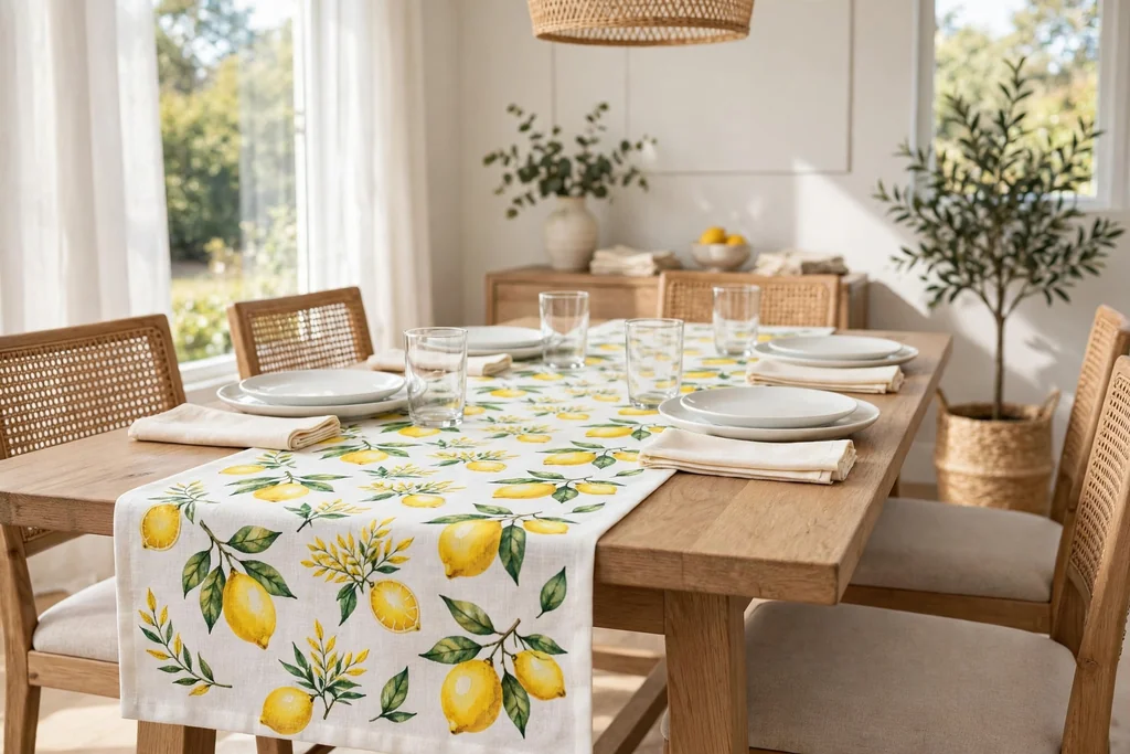 Dining table with a lemon print runner, white plates, and folded napkins.