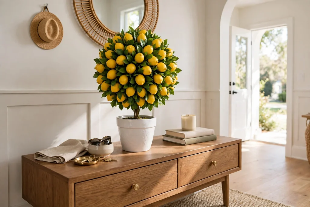 Lemon topiary with a round ball of faux lemons and green leaves in a white pot on a console table.