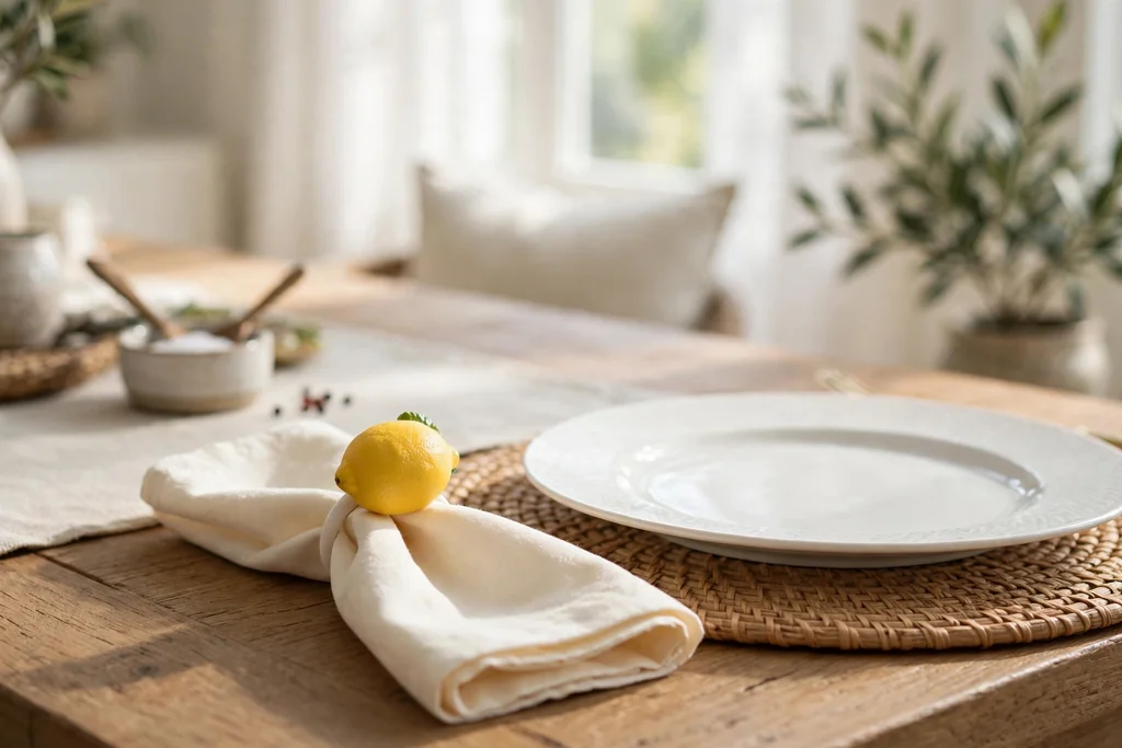 Place setting with a folded napkin held by a small faux lemon napkin ring beside a white plate.