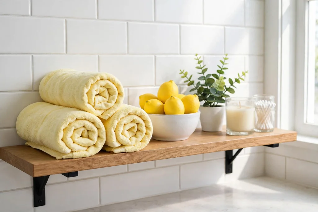 Bright bathroom shelf with lemon yellow hand towels and a small bowl of faux lemons.