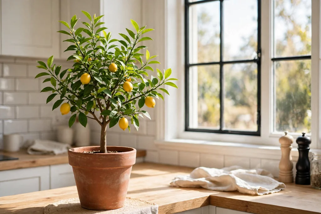 Small potted lemon tree with green leaves and small fruit beside a sunny kitchen window.