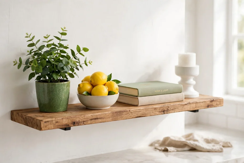 Open shelf styled with a small bowl of lemons, a green plant, stacked books, and a white candle holder.