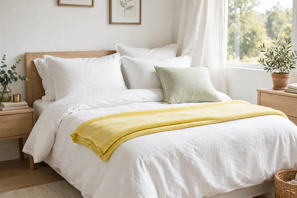 Bedroom with white bedding, a lemon yellow throw across the foot of the bed, and a pale green pillow.